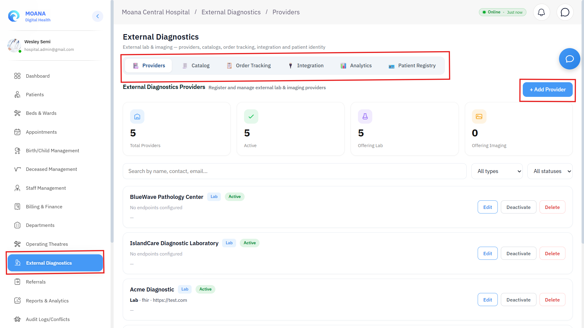 Click to view full size External Diagnostics Command Center, Provider Directory and Integration Telemetry