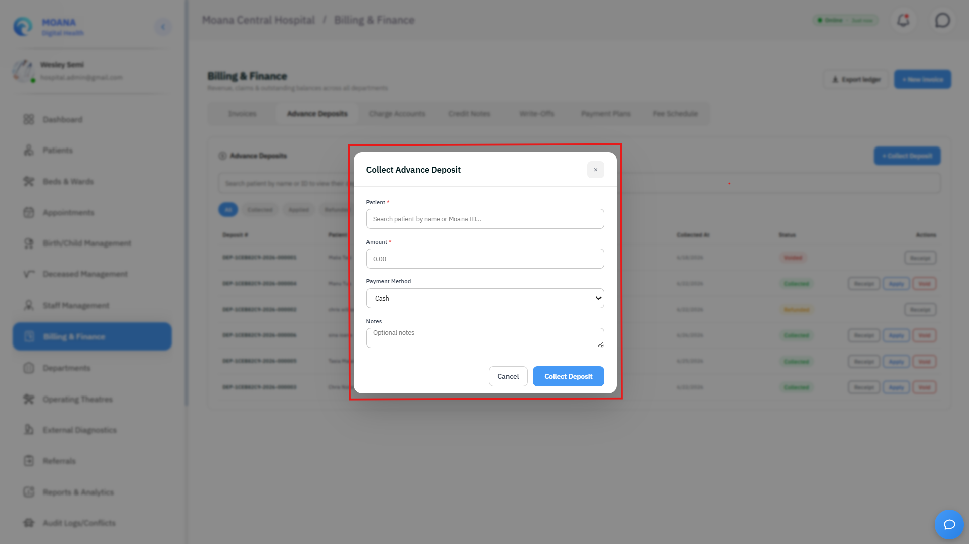 Click to view full size Advance Deposits Ledger with Patient Credit Balance Tracking and Receipt Printing