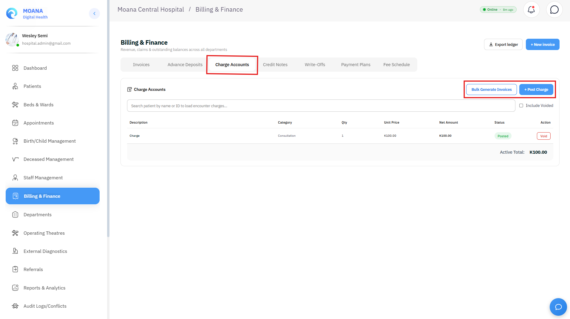 Click to view full size Charge Accounts Console for Direct Clinical Service and Procedural Charge Posting