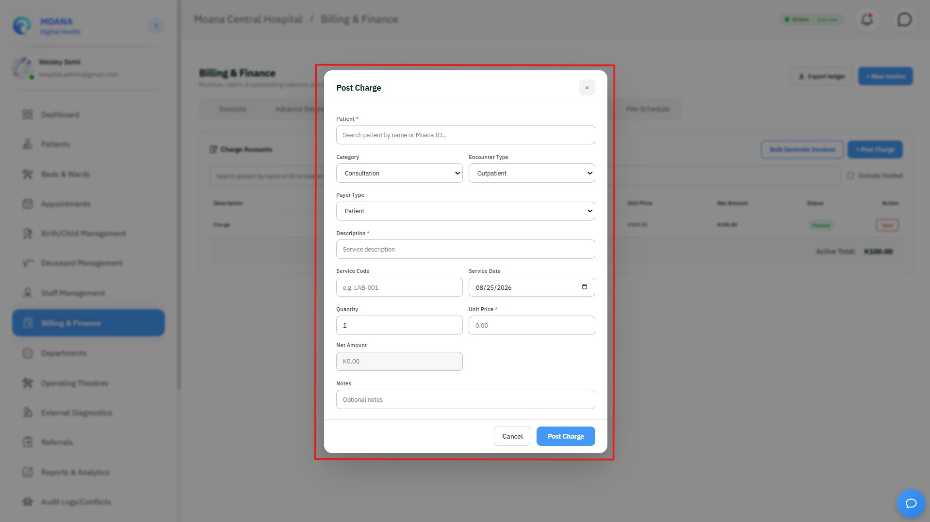 Click to view full size Charge Accounts Console for Direct Clinical Service and Procedural Charge Posting