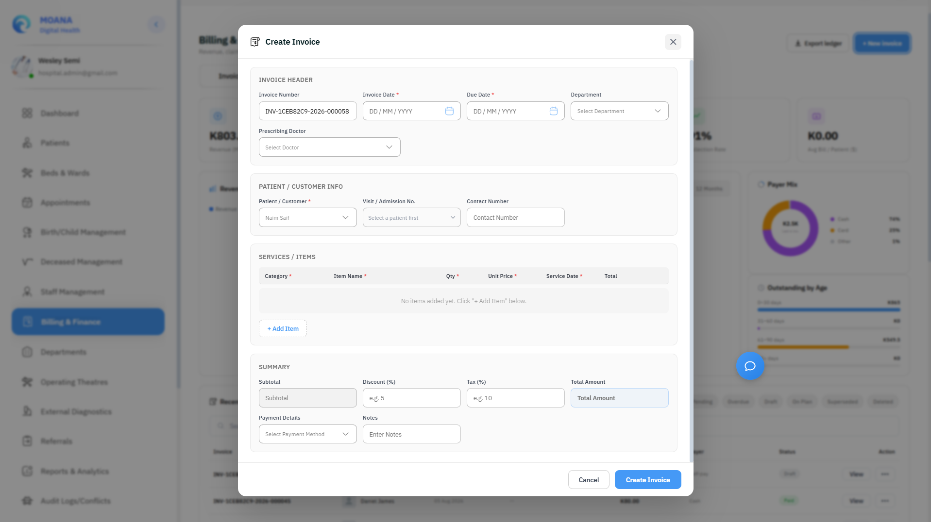 Click to view full size Create New Invoice Modal with Fee Schedule Item Search and Multi-Payer Breakdown
