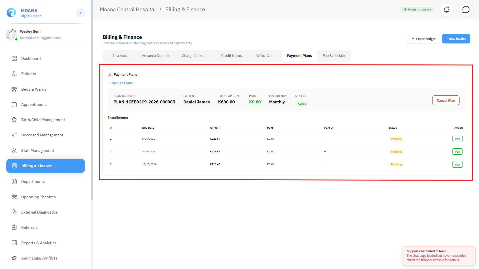 Click to view full size Installment Payment Plans Console with Schedule Grid and Recurring Receipt Generation