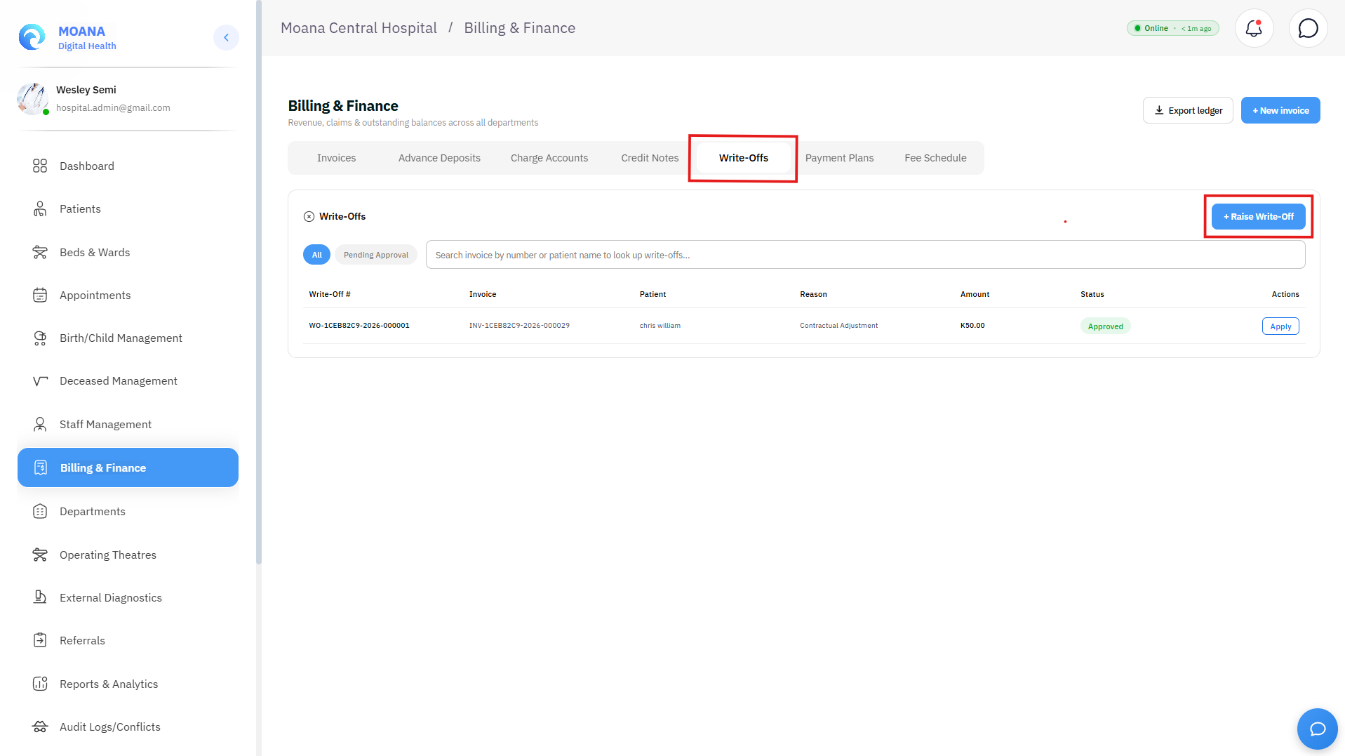 Click to view full size Write-Offs Management Console with Finance Supervisor Dual Authorization