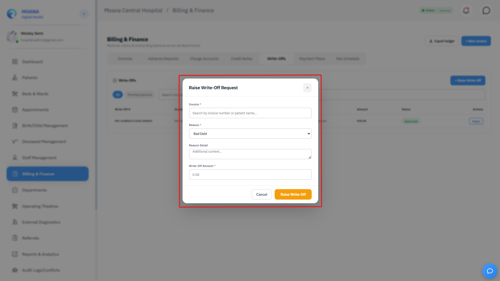 Click to view full size Write-Offs Management Console with Finance Supervisor Dual Authorization