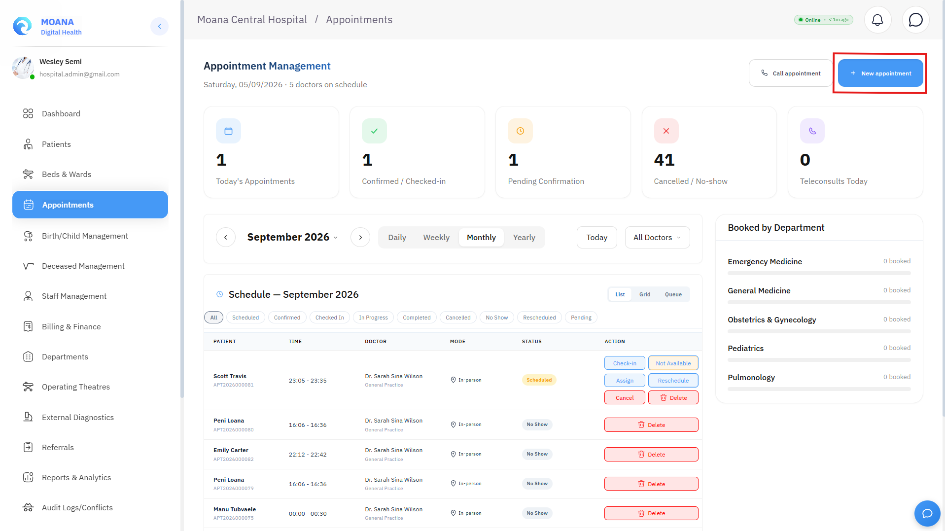 Click to view full size New Appointment Booking Modal with patient lookup, doctor slot selector, and notification options.