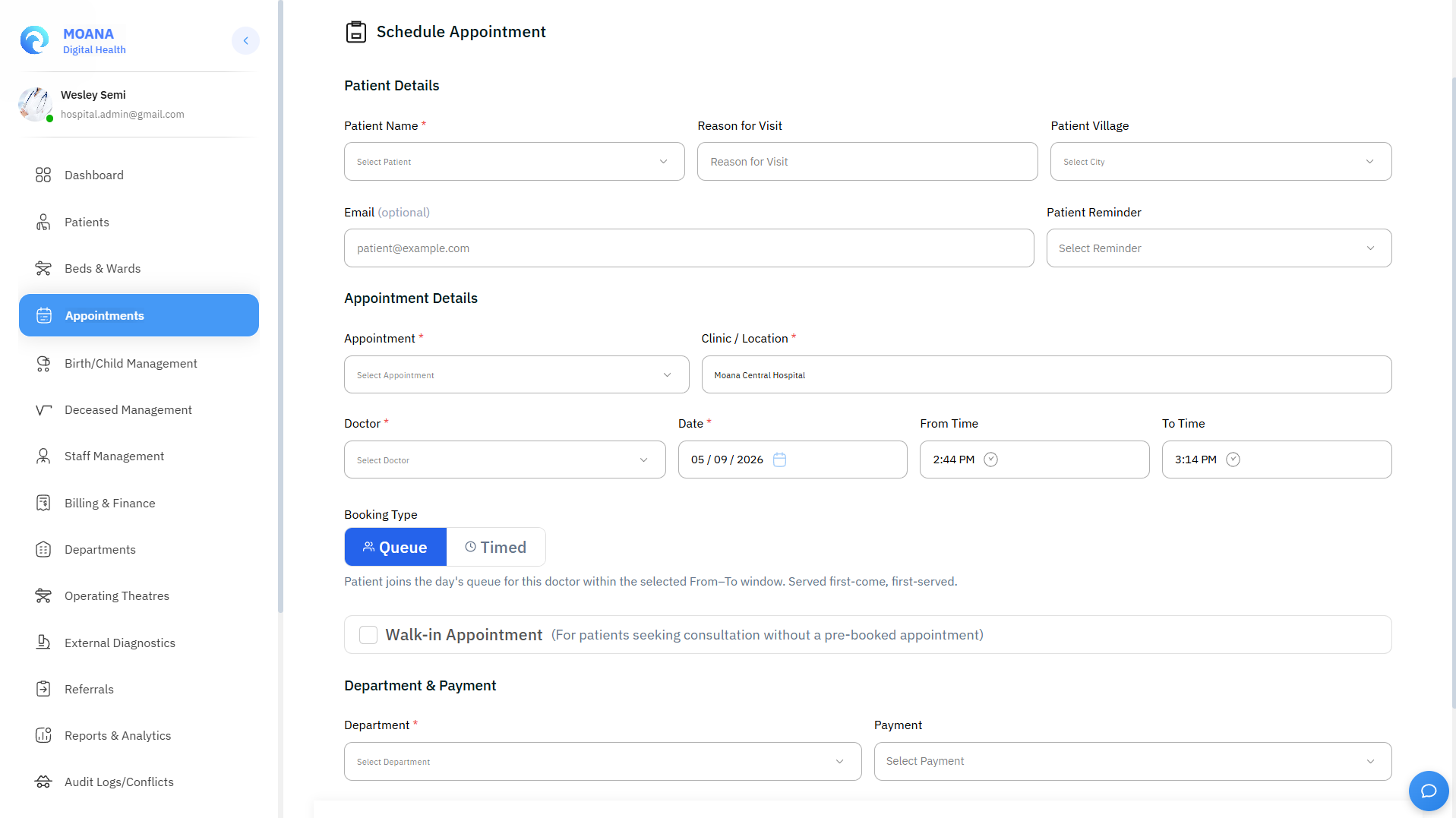 Click to view full size New Appointment Booking Modal with patient lookup, doctor slot selector, and notification options.