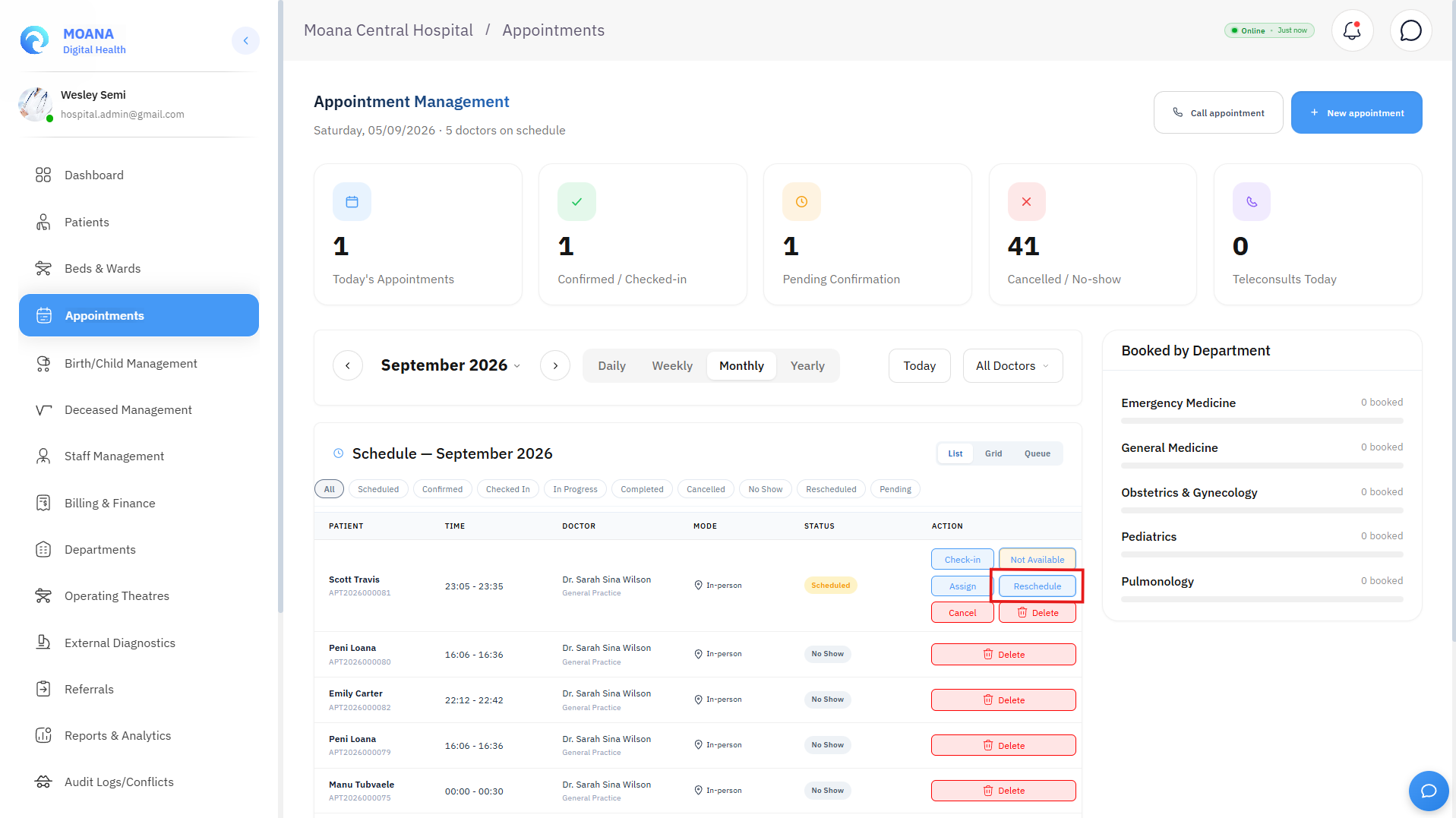 Click to view full size Appointment Reschedule Modal with real-time slot availability picker and reason logger.