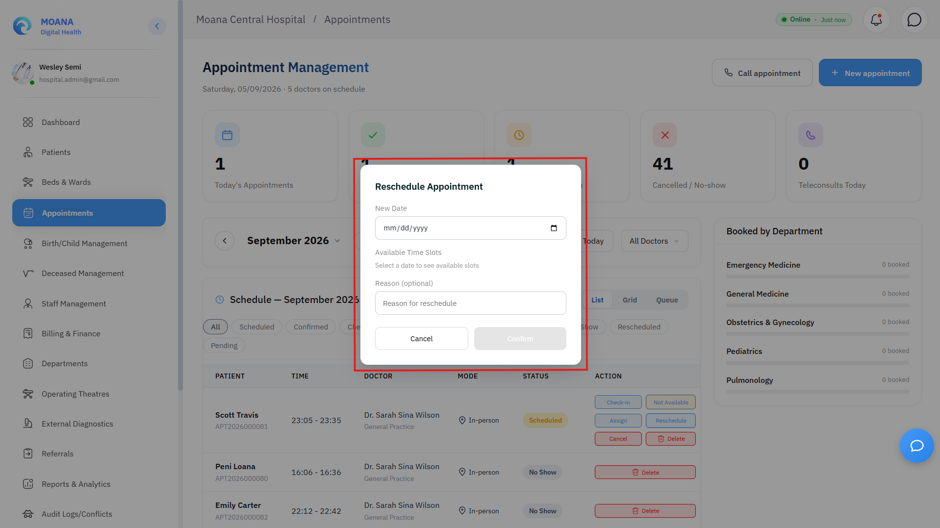 Click to view full size Appointment Reschedule Modal with real-time slot availability picker and reason logger.