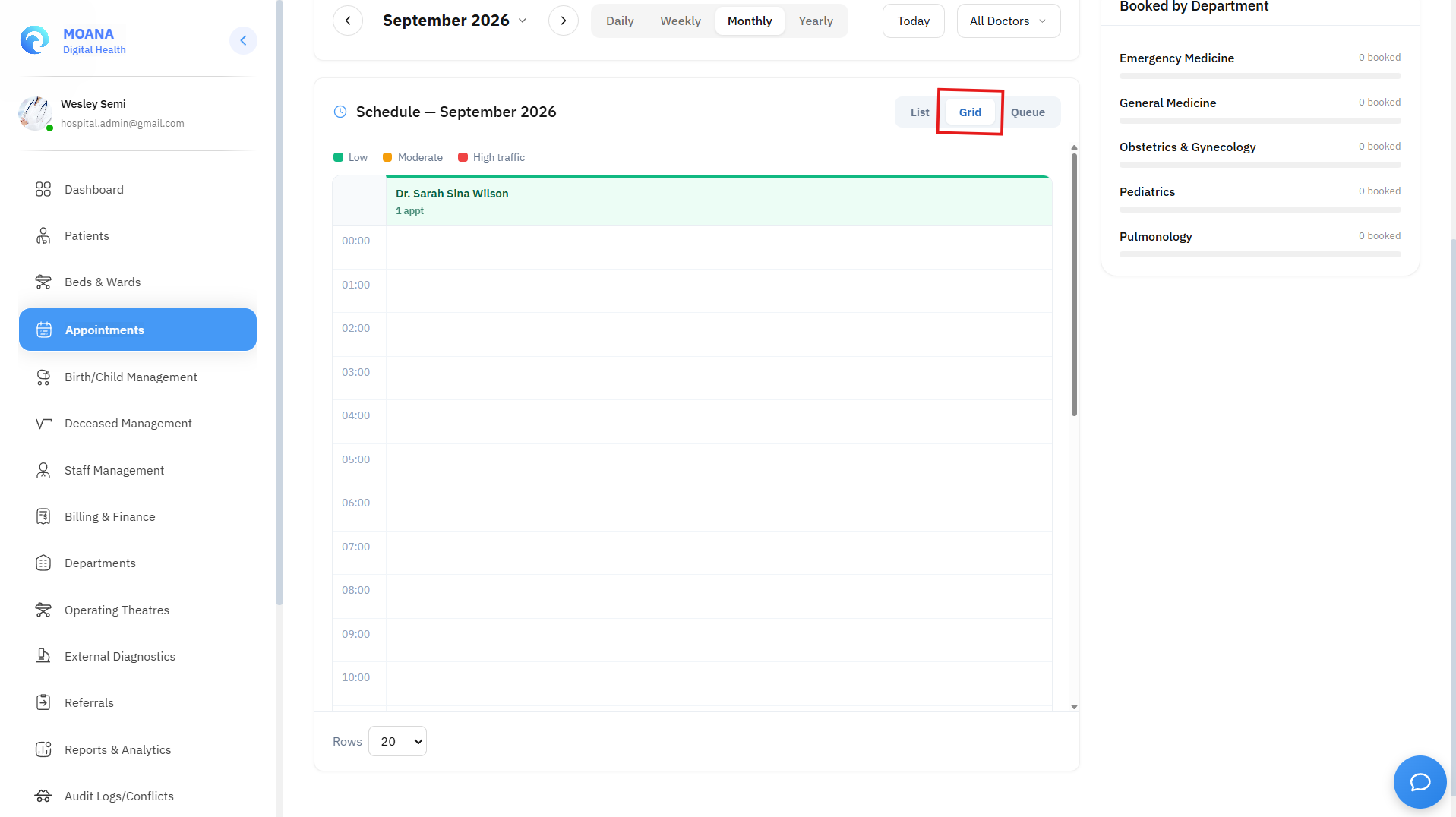 Click to view full size Provider by Time Grid View displaying appointment blocks across doctor columns with drag-and-drop capability.