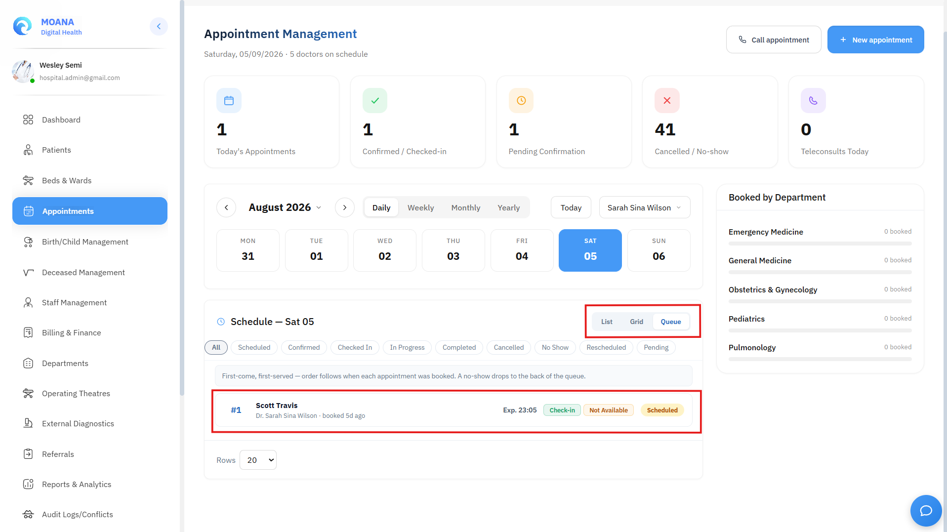 Click to view full size Live Outpatient Queue View showing patient order, calculated wait times, and call action buttons.