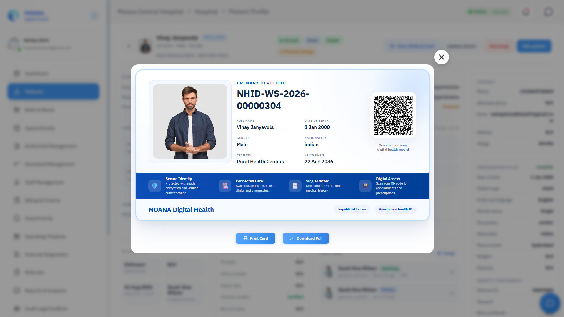 Click to view full size Printable Digital Health ID Card with Encrypted QR Token and Barcode
